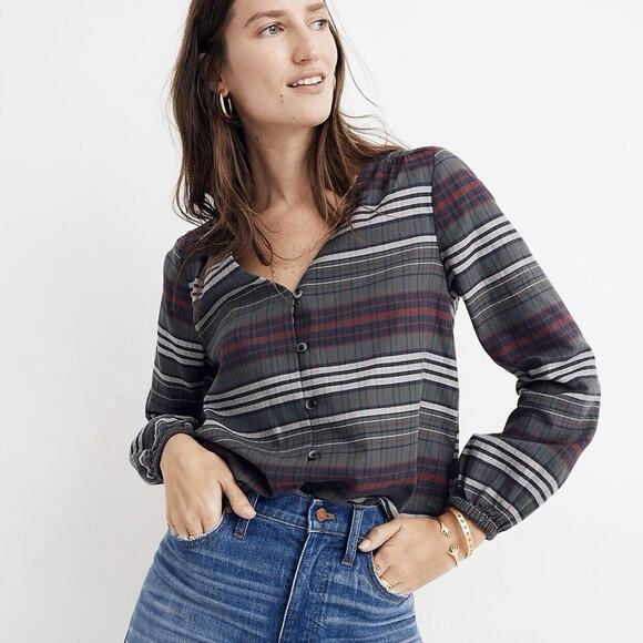 Madewell Plaid Button Up Shirt V Neck Pinview Blouse Relax Fit Stripe - Picture 1 of 9